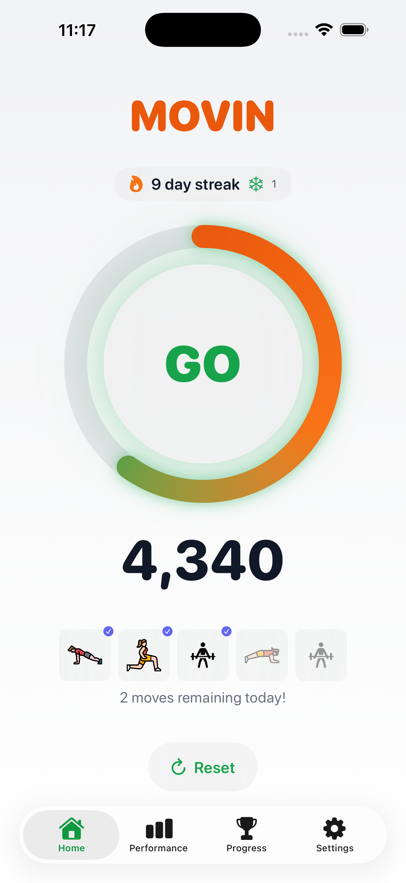 Movin home screen with the GO progress ring, a 9-day streak and points